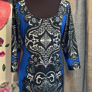 Venus, elegant 3/4 sleeve royal blue/black and white floral mini dress. Size L.